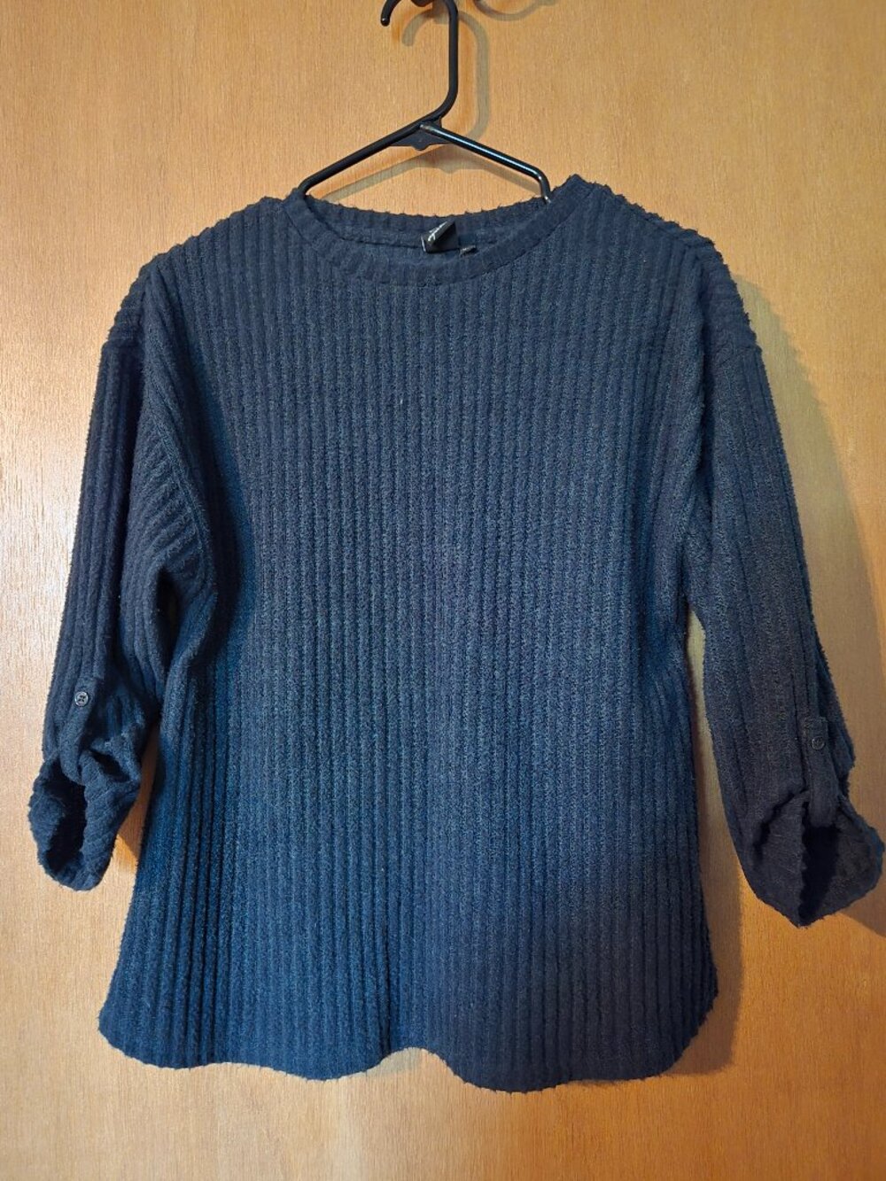 Zone Choc Signature Black Ribbed Knit Roll-Tab Sleeve Top Size M Medium
